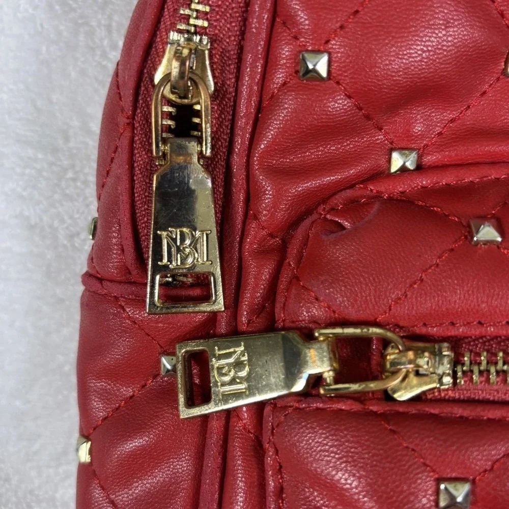 Badgley Mischka Backpack Womens Small Red Quilted Studded‎ BM Logo Edgy Designer